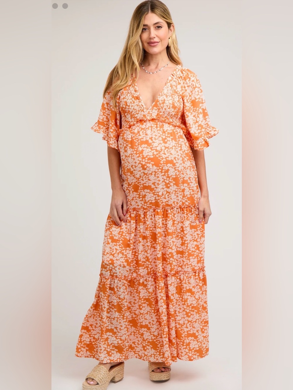 ✨PinkBlush- Orange Floral Smocked V-Neck Ruffle Tiered Maternity Maxi Dress✨